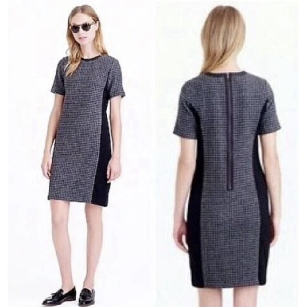 J.Crew Women's Black Gray Wool Houndstooth Shift Dress Stretch Leather Trim Sz 2